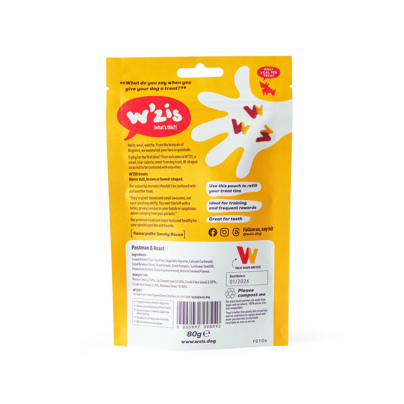 W’ZIS Postman & Roast vegan dog treats – 80g resealable plastic-free pouch, smoky roast flavour, approx. 160 plant-based treats