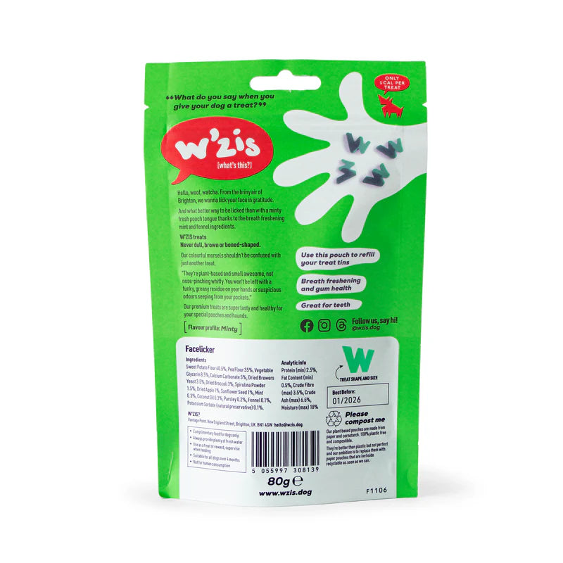 W’ZIS Facelicker vegan dog treats – 80g resealable pouch with mint, fennel & parsley, approx. 160 fresh-breath treats for dogs