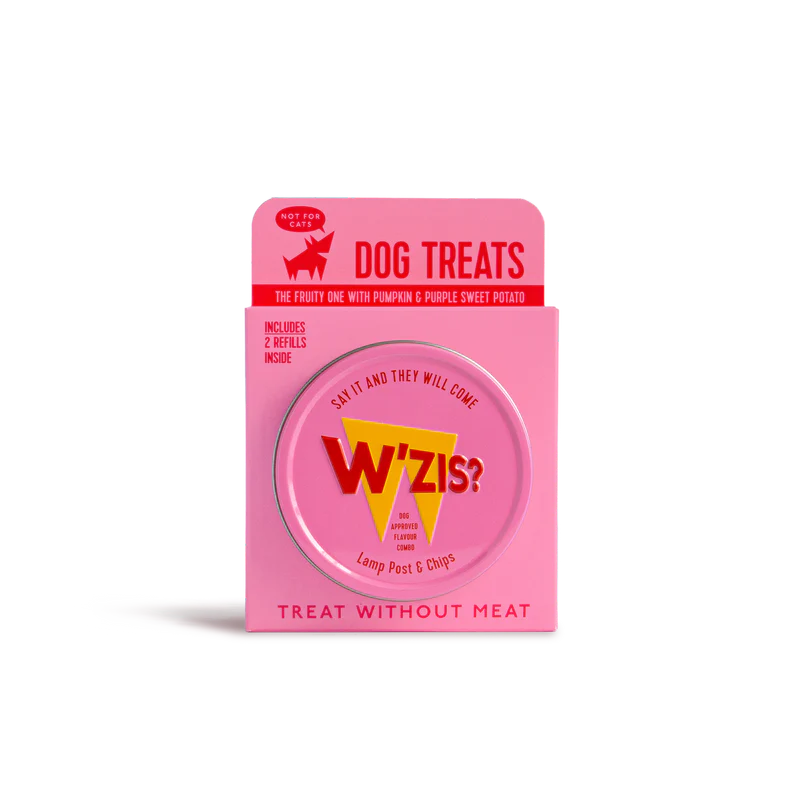 W’ZIS Lamp Post & Chips vegan dog treats in reusable tin – grain-free, plant-based, 1 calorie each, with approx. 300 treats per pack.