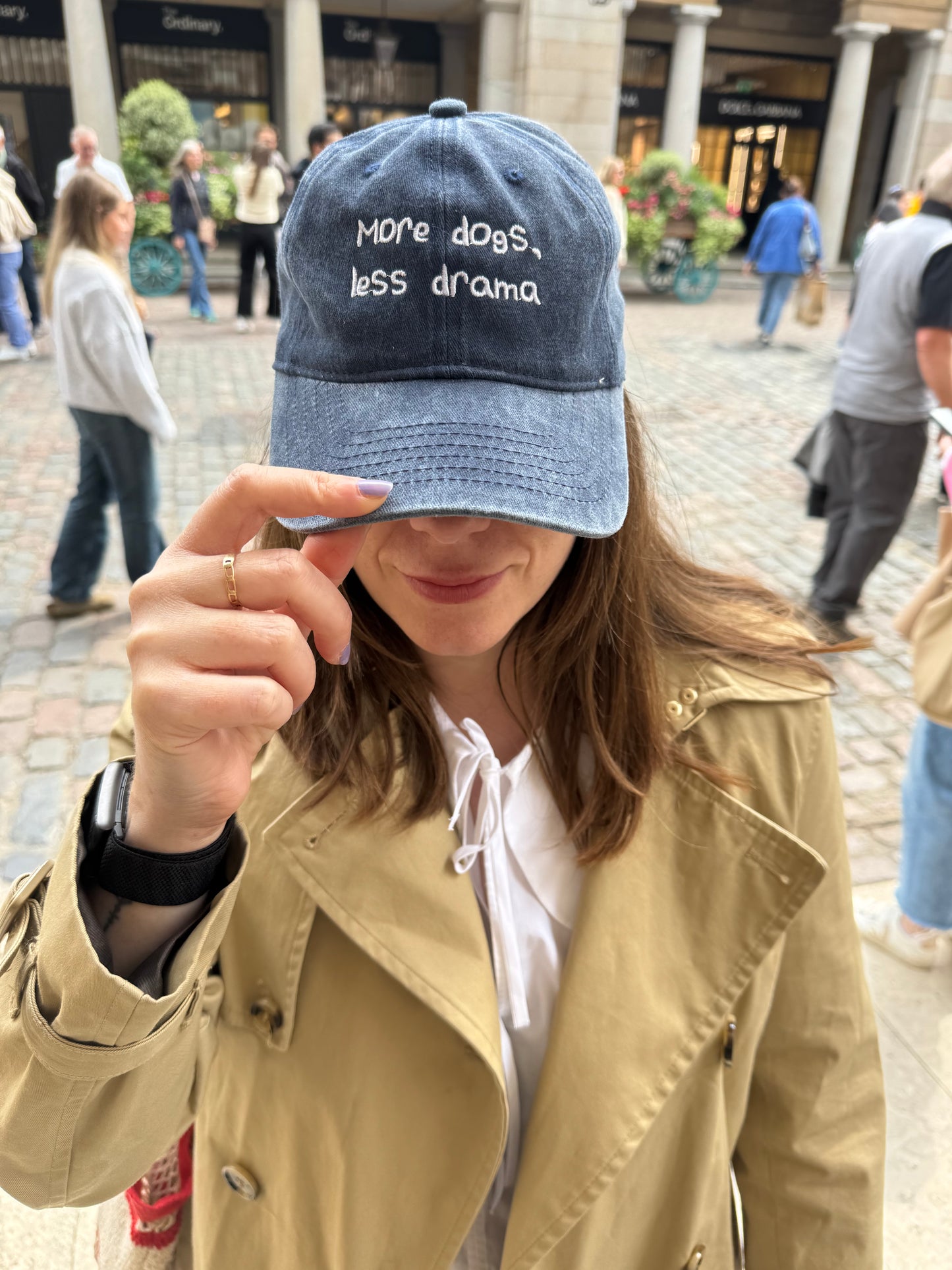 Navy cap with “More Dogs, Less Drama” embroidered in white – Pawsitive Wellness