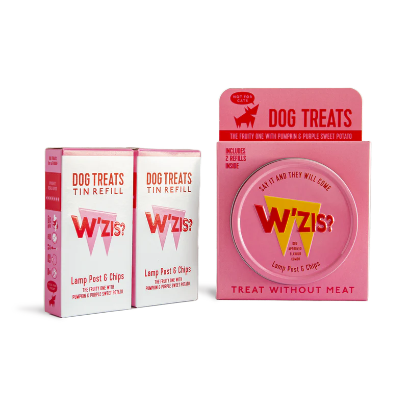 W’ZIS Lamp Post & Chips vegan dog treats in reusable tin – grain-free, plant-based, 1 calorie each, with approx. 300 treats per pack.