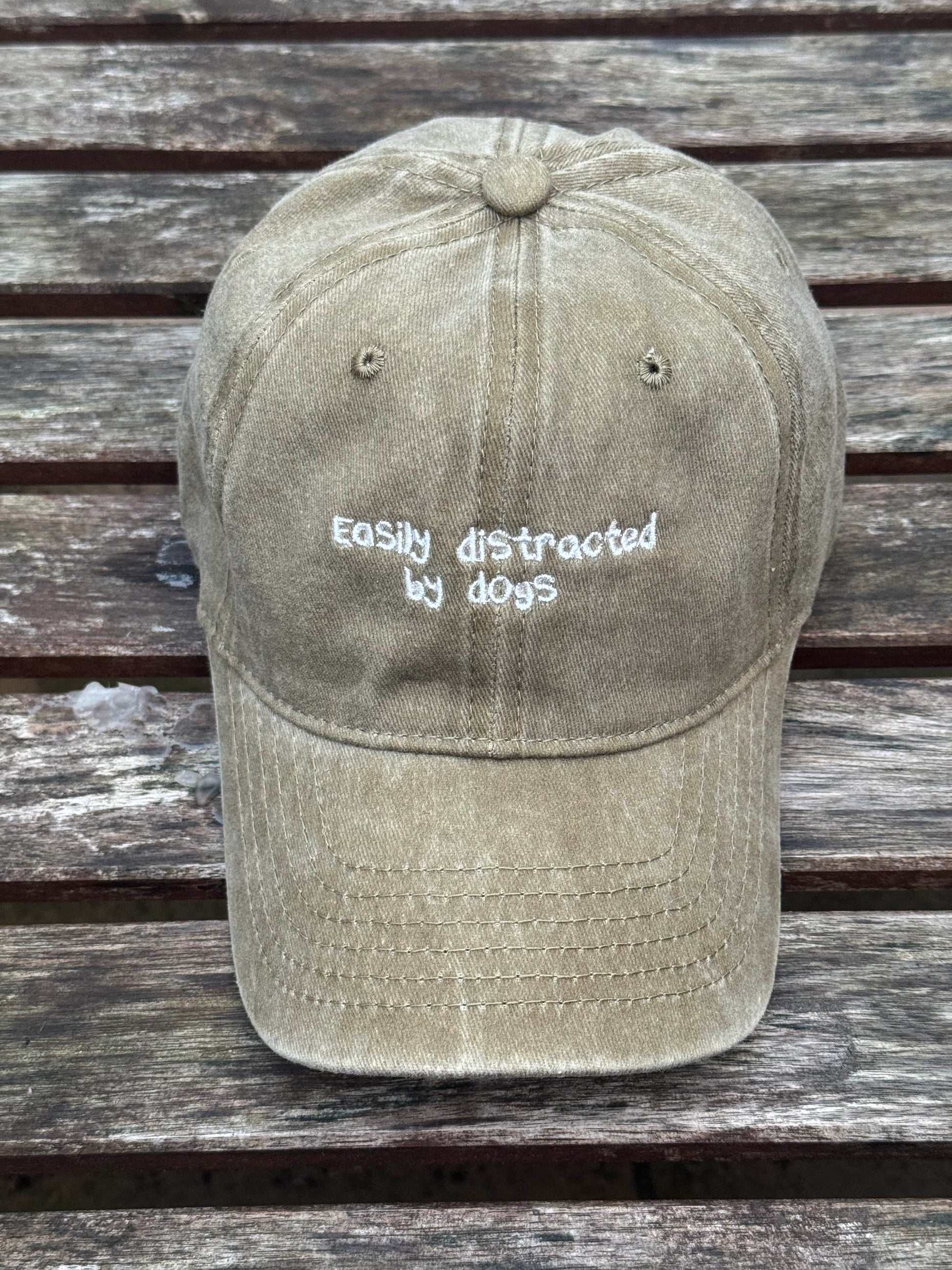 Khaki cap with “Easily Distracted by Dogs” embroidered – Pawsitive Wellness