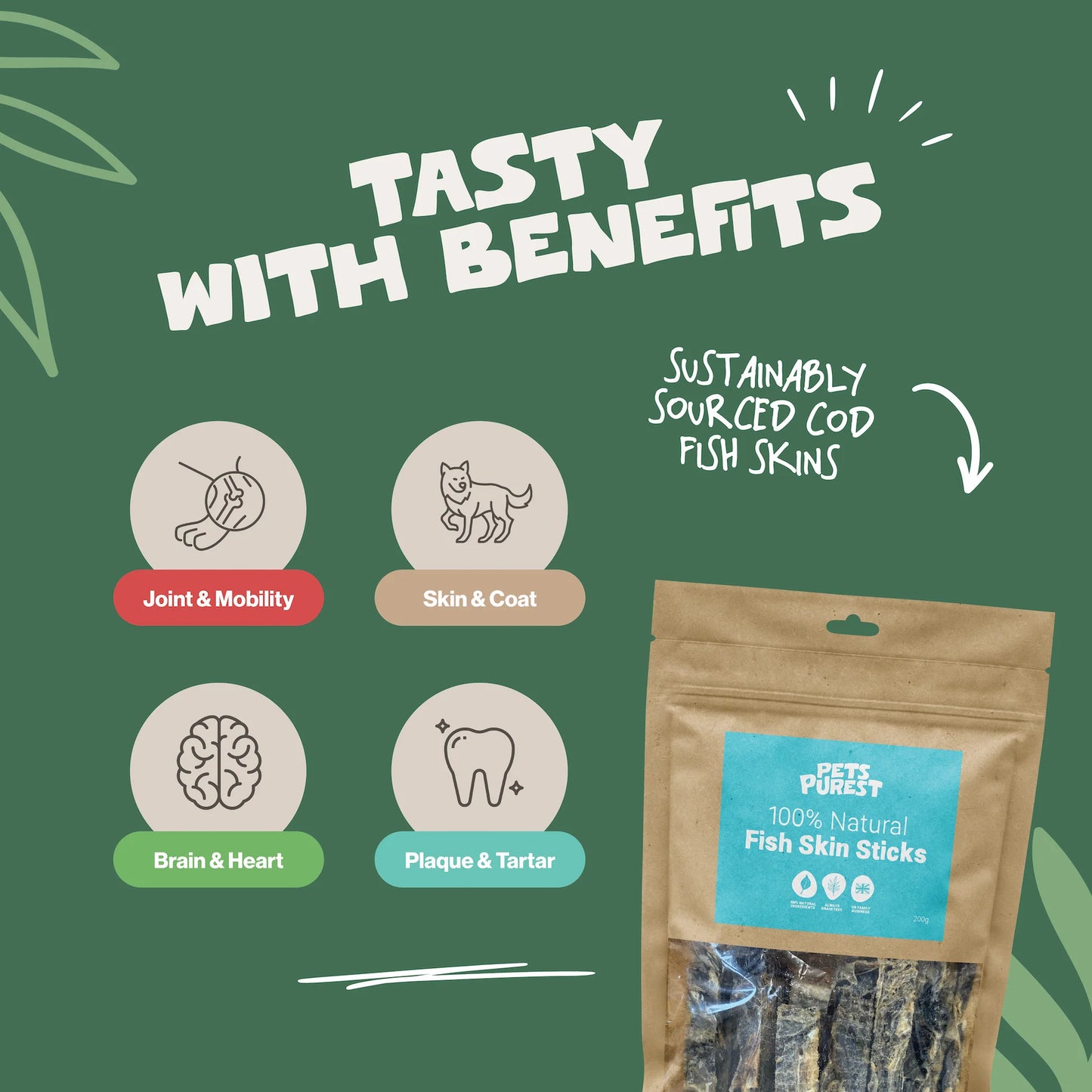 100% natural air-dried cod skin sticks for dogs – rich in omega fatty acids and great for teeth