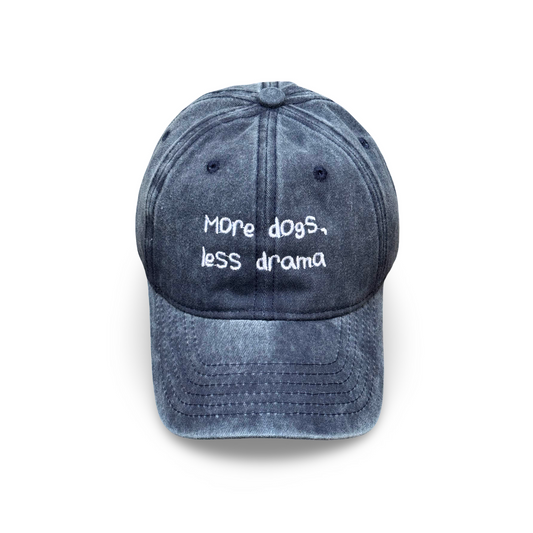 Navy cap with “More Dogs, Less Drama” embroidered in white – Pawsitive Wellness