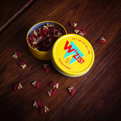 W’ZIS Postman & Roast vegan dog treats with reusable tin and refills – plant-based, grain-free, and only 1 calorie per treat.
