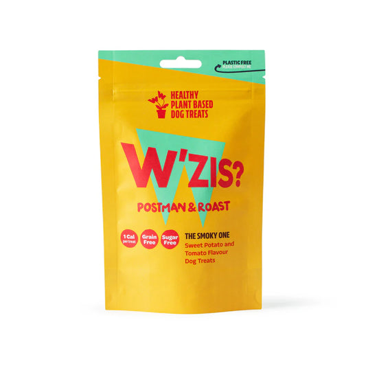 W’ZIS Postman & Roast vegan dog treats – 80g resealable plastic-free pouch, smoky roast flavour, approx. 160 plant-based treats