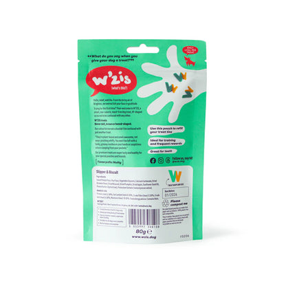 W’ZIS Slipper & Biscuit vegan dog treats – 80g resealable pouch, plastic-free, peanut butter flavour, approx. 160 plant-based treats