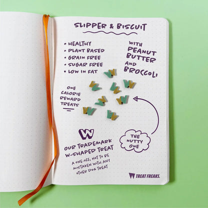 W’ZIS Slipper & Biscuit vegan dog treats – 80g resealable pouch, plastic-free, peanut butter flavour, approx. 160 plant-based treats