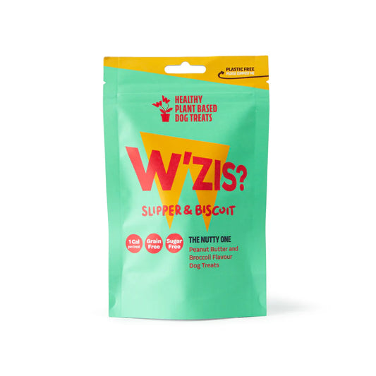 W’ZIS Slipper & Biscuit vegan dog treats – 80g resealable pouch, plastic-free, peanut butter flavour, approx. 160 plant-based treats