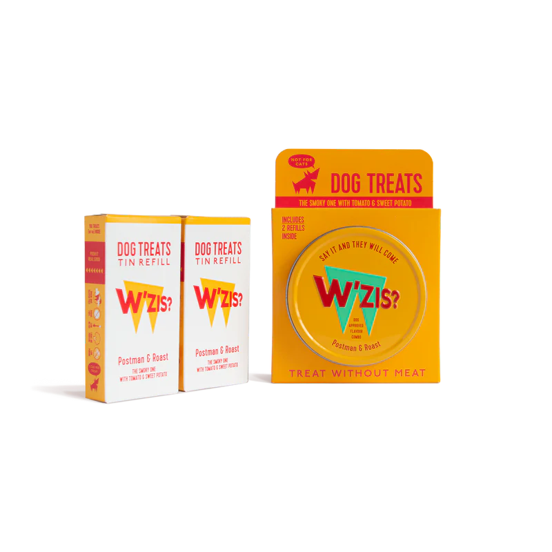 W’ZIS Postman & Roast vegan dog treats with reusable tin and refills – plant-based, grain-free, and only 1 calorie per treat.