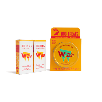 W’ZIS Postman & Roast vegan dog treats with reusable tin and refills – plant-based, grain-free, and only 1 calorie per treat.