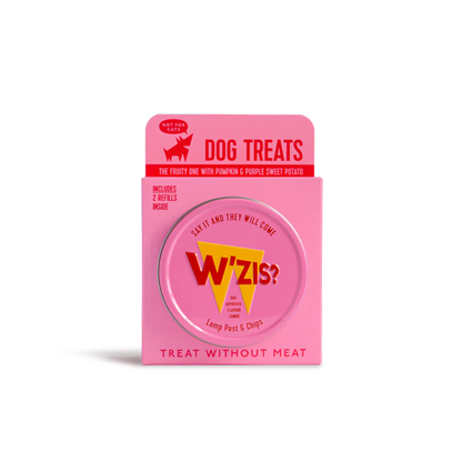 W’ZIS Lamp Post & Chips vegan dog treats in reusable tin – grain-free, plant-based, 1 calorie each, with approx. 300 treats per pack.