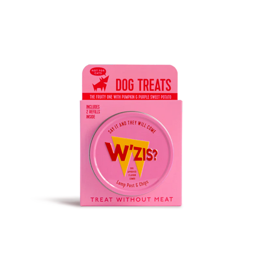 W’ZIS Lamp Post & Chips vegan dog treats in reusable tin – grain-free, plant-based, 1 calorie each, with approx. 300 treats per pack.