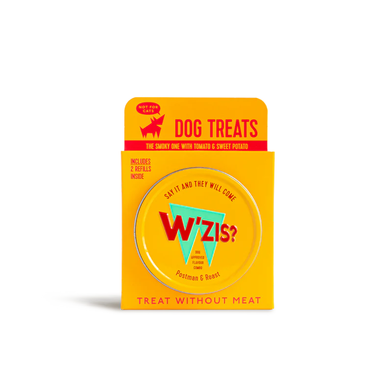 W’ZIS Postman & Roast vegan dog treats with reusable tin and refills – plant-based, grain-free, and only 1 calorie per treat.