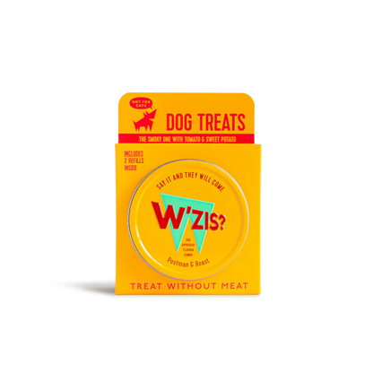 W’ZIS Postman & Roast vegan dog treats with reusable tin and refills – plant-based, grain-free, and only 1 calorie per treat.