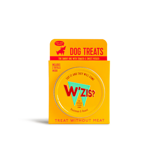W’ZIS Postman & Roast vegan dog treats with reusable tin and refills – plant-based, grain-free, and only 1 calorie per treat.