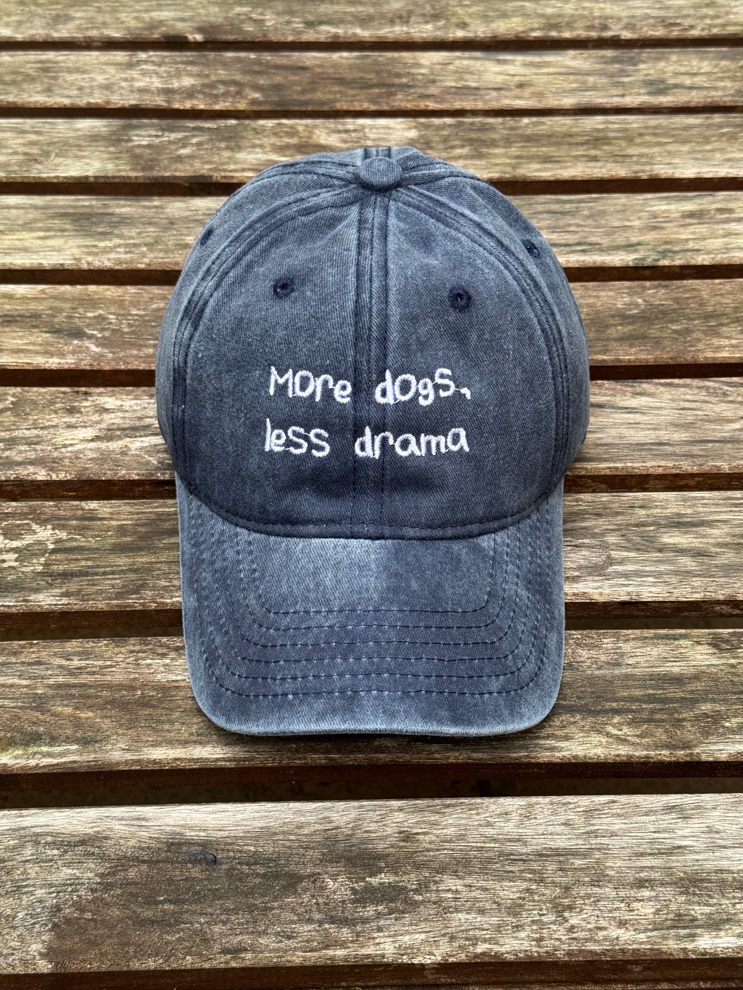 Navy cap with “More Dogs, Less Drama” embroidered in white – Pawsitive Wellness
