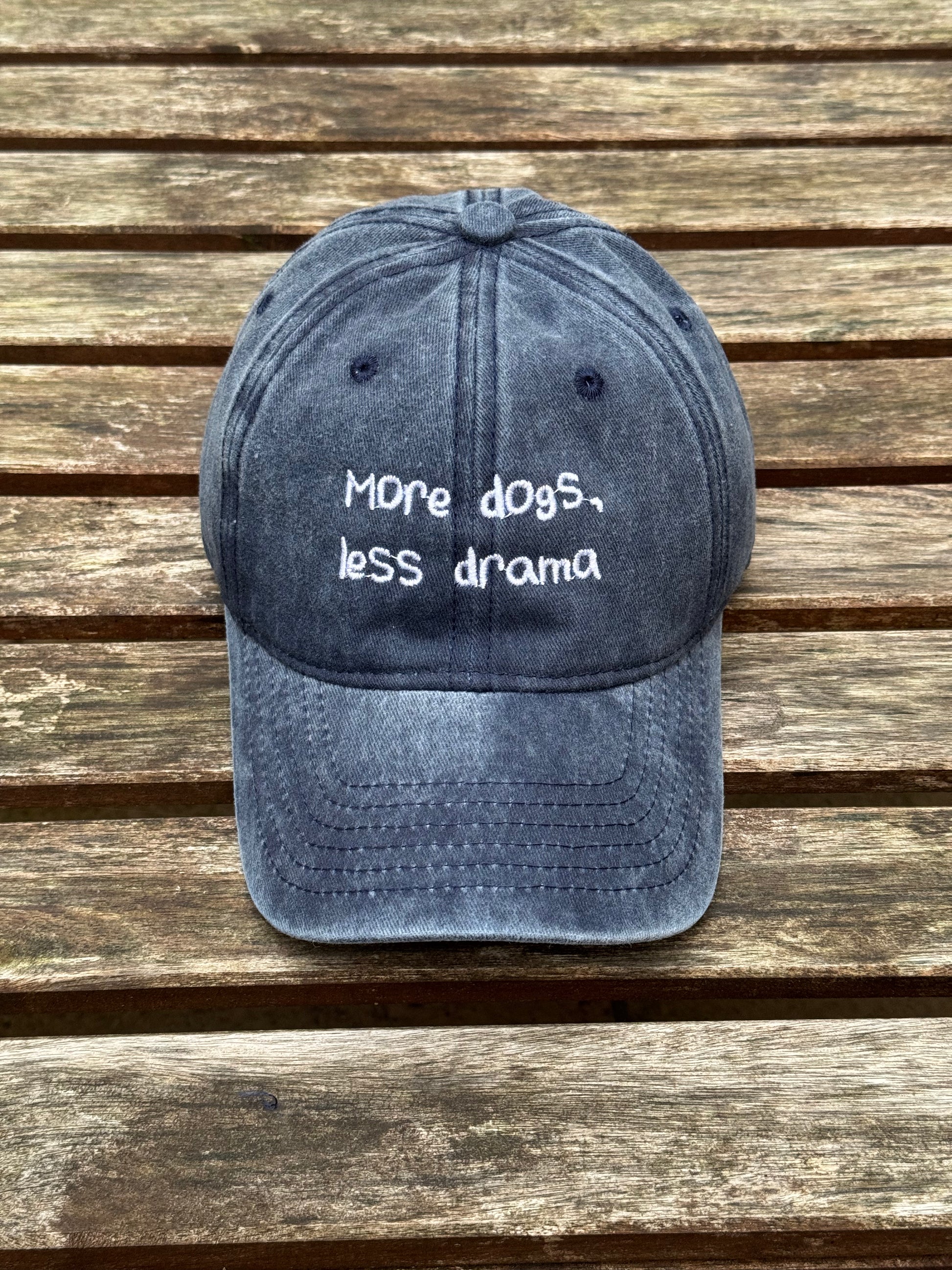 Navy cap with “More Dogs, Less Drama” embroidered in white – Pawsitive Wellness