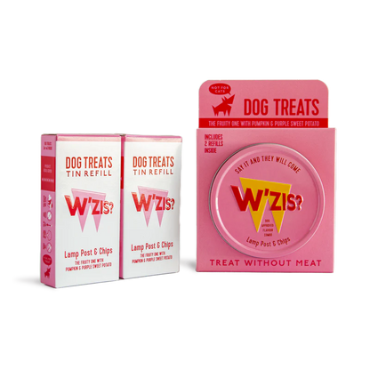 W’ZIS Lamp Post & Chips vegan dog treats in reusable tin – grain-free, plant-based, 1 calorie each, with approx. 300 treats per pack.