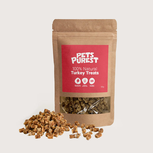 Air-dried 100% natural turkey treats for cats and dogs, hypoallergenic and grain-free, displayed in a resealable eco-friendly pouch.
